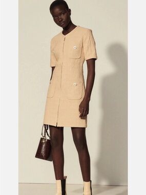 Sandro Paris Nadege Tweed Mini Dress Beige Short Sleeve Zip Front Size 36